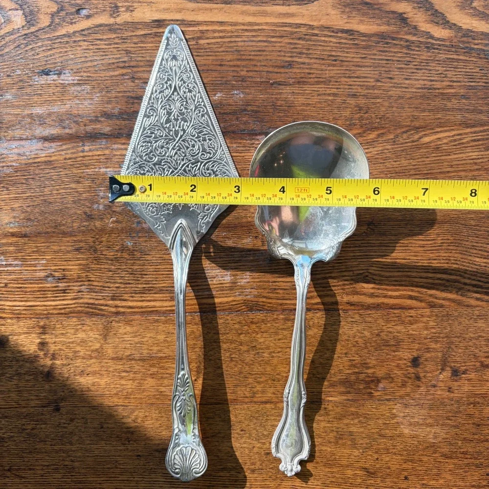 Vintage Silver Plated Ornate Etched Cake Server and Scalloped Serving Spoon Set